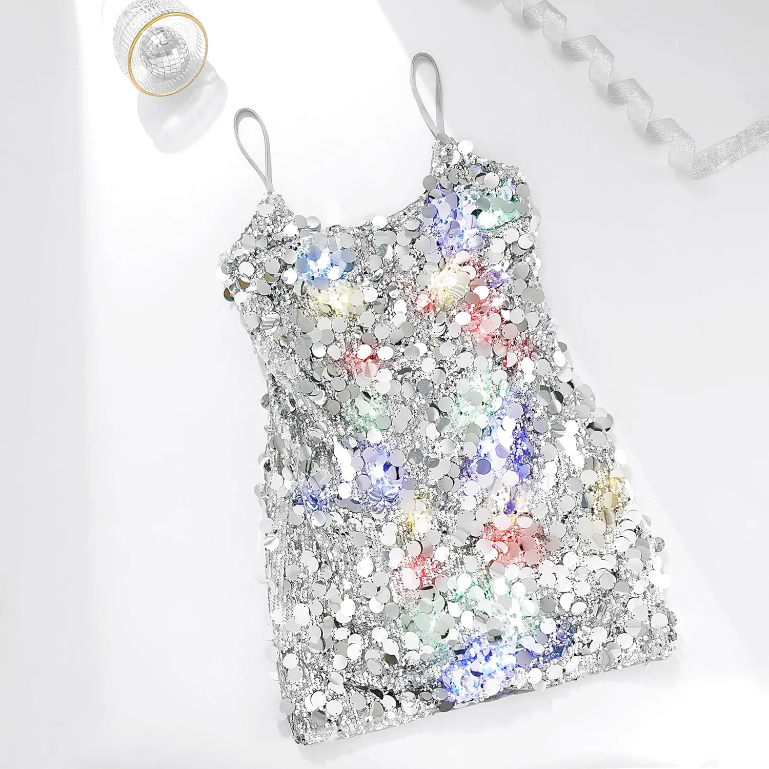 TWINKLEDE Light Up Sequin Dress Sparkly Bodycon Slip Mini Dresses Disco Clubwear Costume for Women