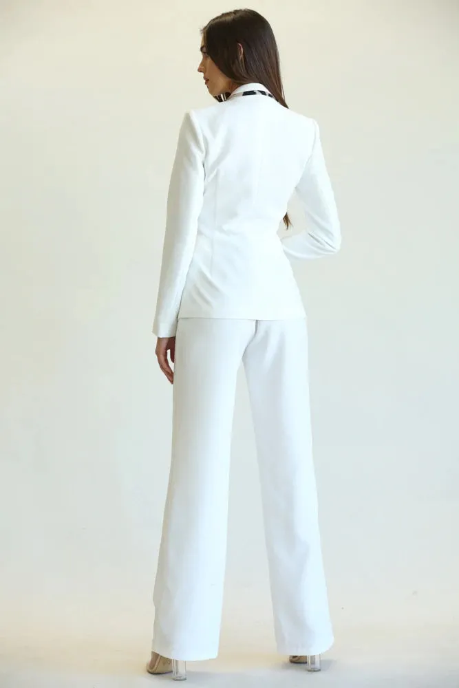 Two Piece Tailored Animal Print Contrast Pant Suit - White