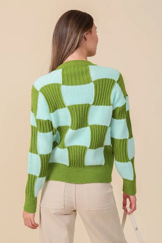 Two Tone Green And Light Blue Checkboard Sweater