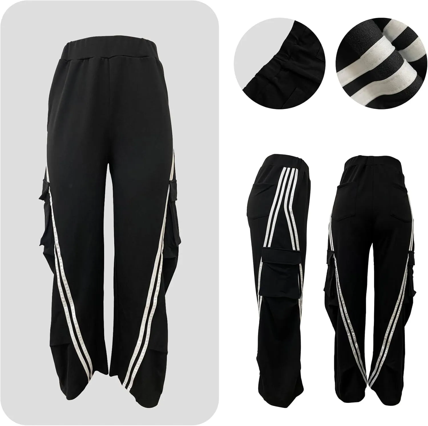 Unybwonn Women Wide Leg Cargo Sweatpants Patchwork Side Stripe Baggy Denim Pants High Waist Trendy Track Jogger Pant