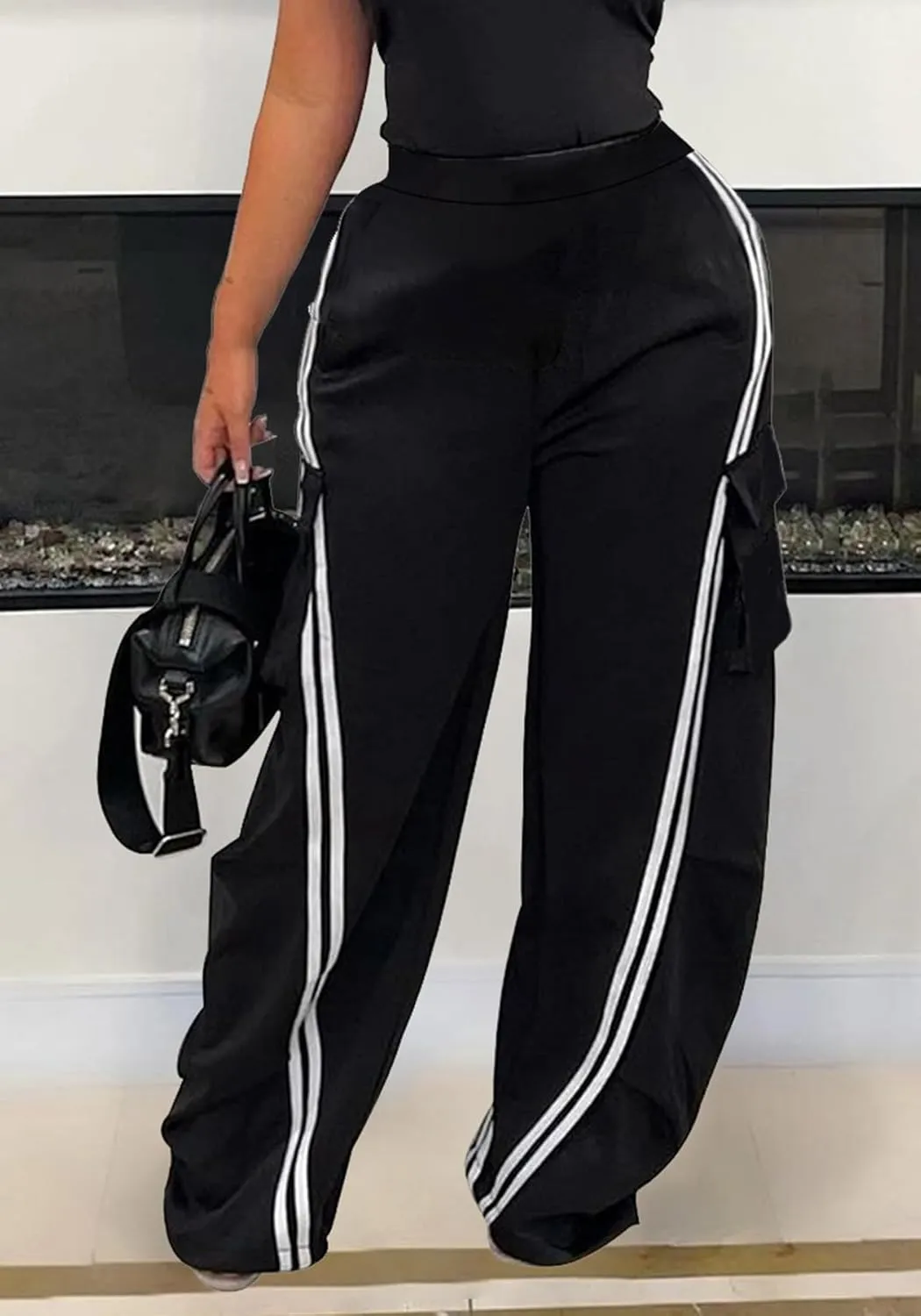 Unybwonn Women Wide Leg Cargo Sweatpants Patchwork Side Stripe Baggy Denim Pants High Waist Trendy Track Jogger Pant