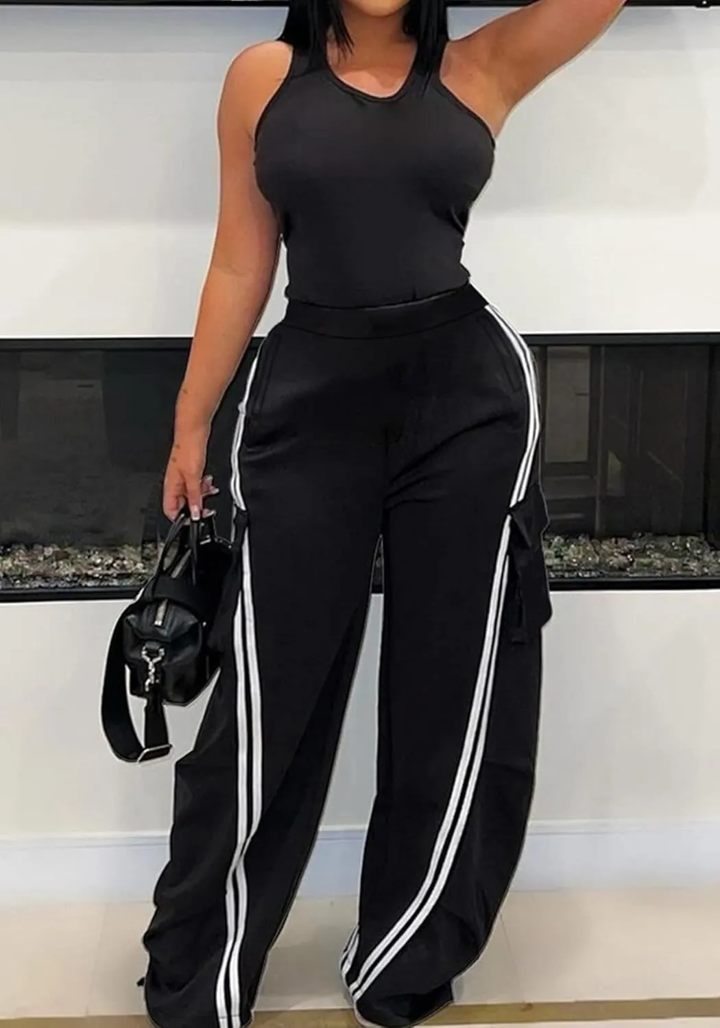 Unybwonn Women Wide Leg Cargo Sweatpants Patchwork Side Stripe Baggy Denim Pants High Waist Trendy Track Jogger Pant