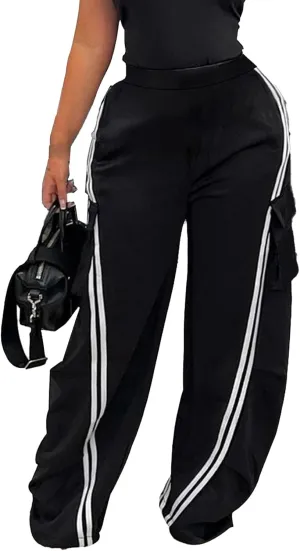 Unybwonn Women Wide Leg Cargo Sweatpants Patchwork Side Stripe Baggy Denim Pants High Waist Trendy Track Jogger Pant