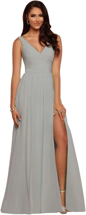 V Neck Bridesmaid Dresses Long Split Chiffon Pleated Wedding Evening Prom Gown for Women Light Grey Size 10