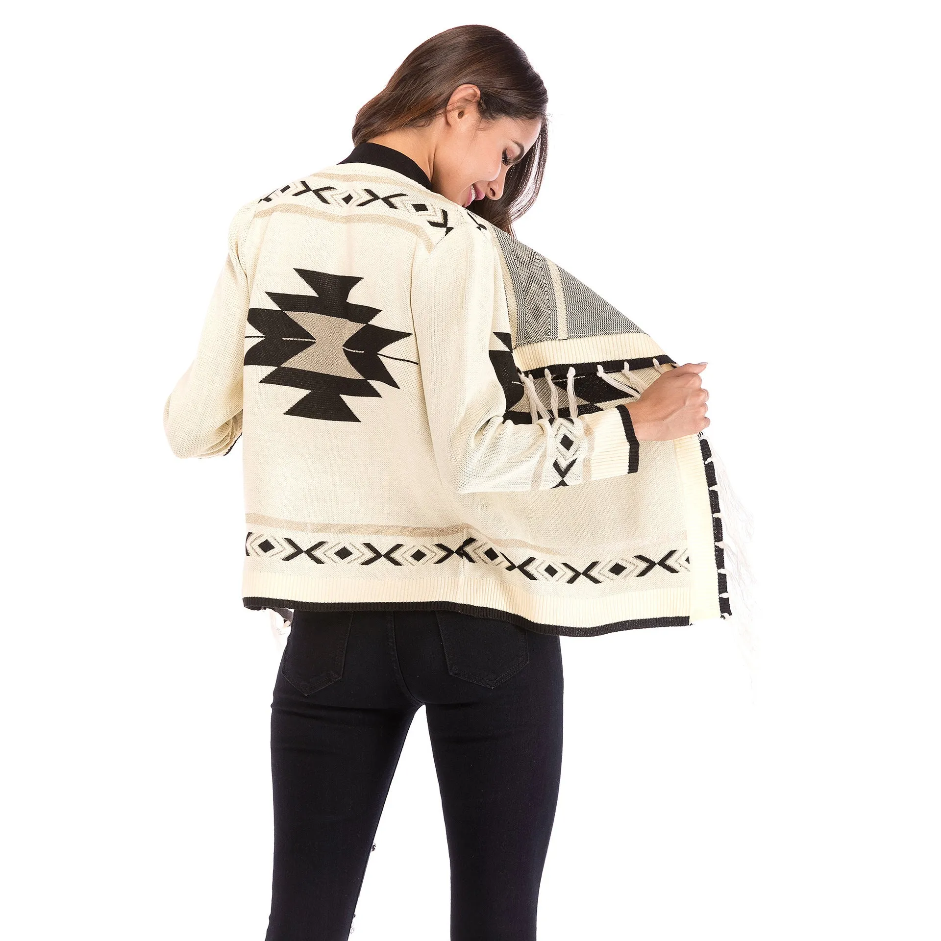 V-neck Pure Color Long Sleeves Geometry Print Cardigan