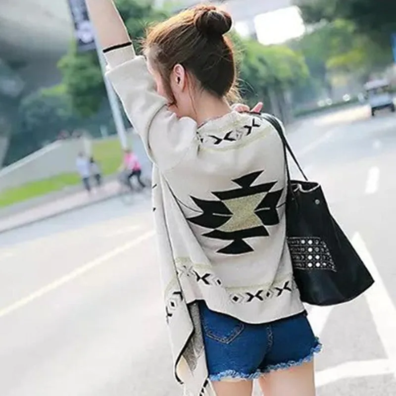 V-neck Pure Color Long Sleeves Geometry Print Cardigan