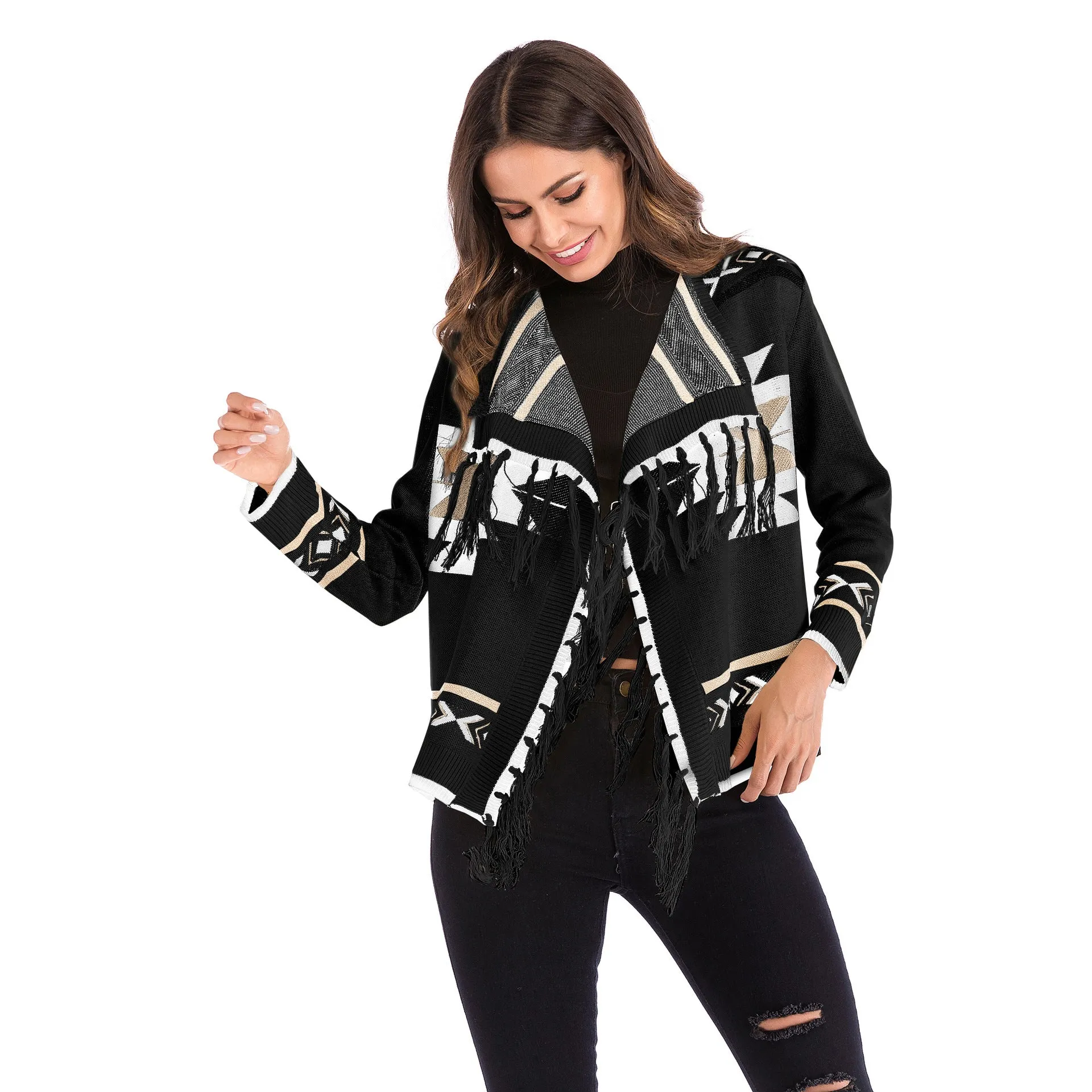 V-neck Pure Color Long Sleeves Geometry Print Cardigan