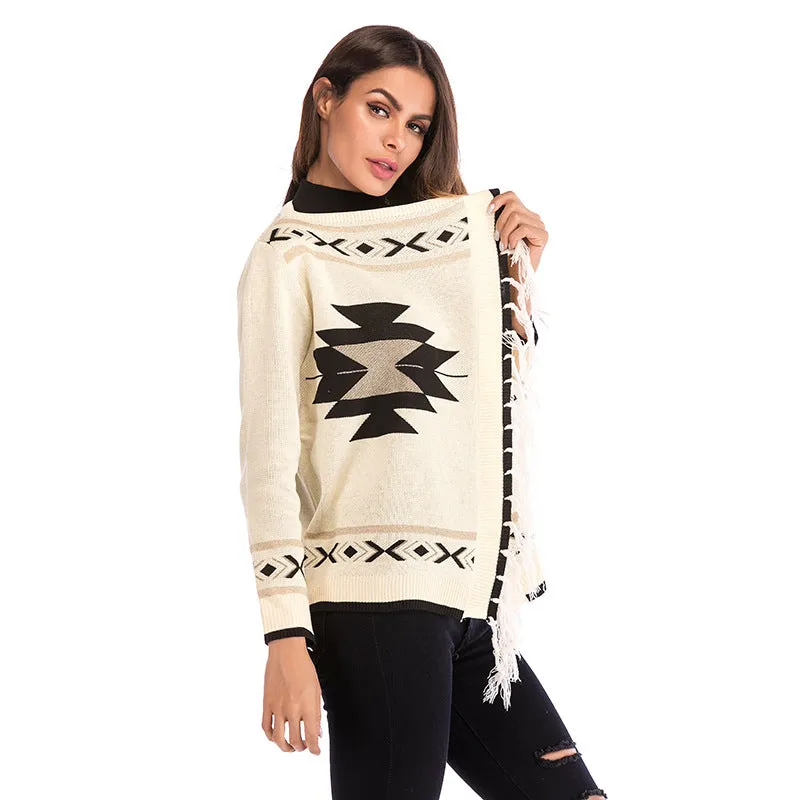 V-neck Pure Color Long Sleeves Geometry Print Cardigan