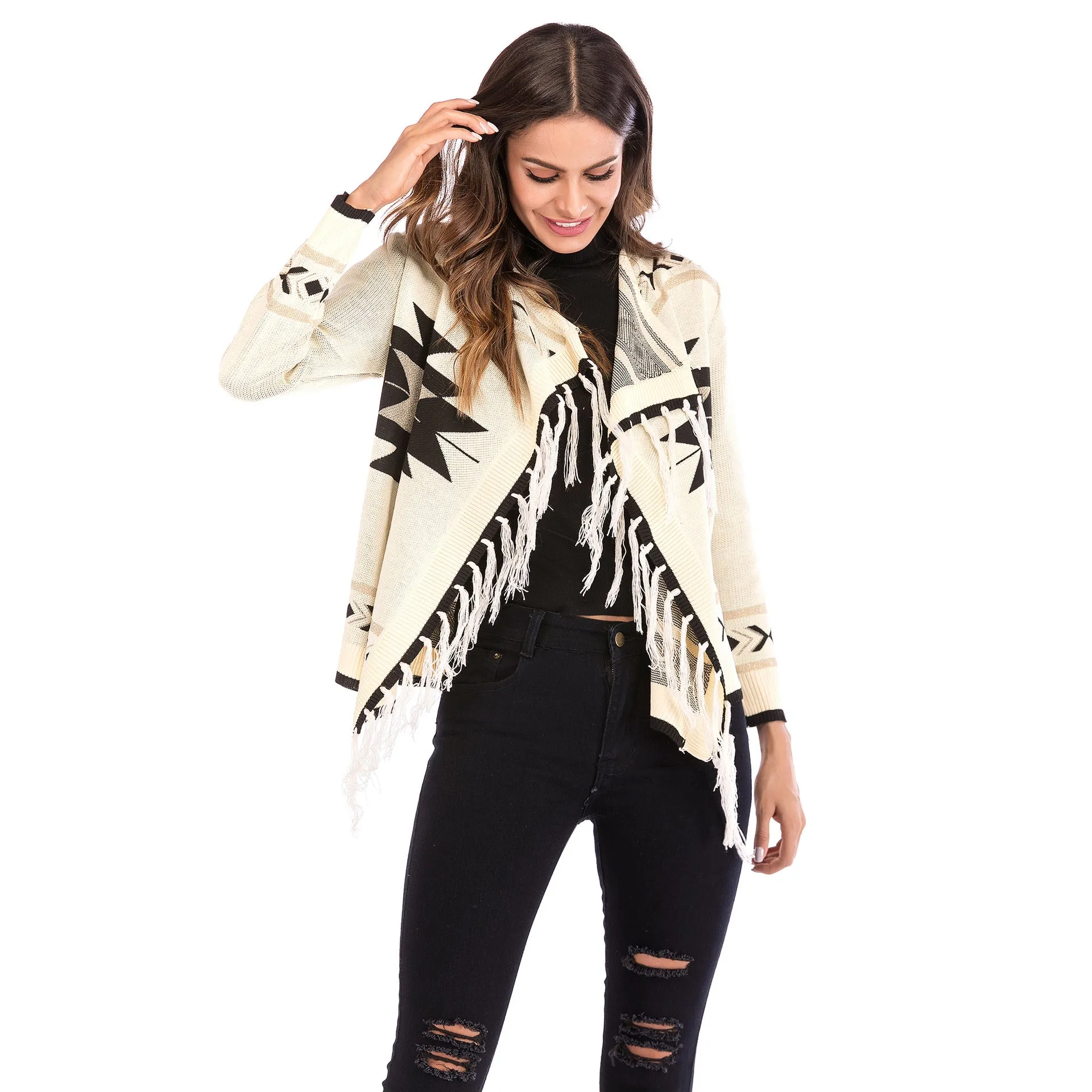 V-neck Pure Color Long Sleeves Geometry Print Cardigan
