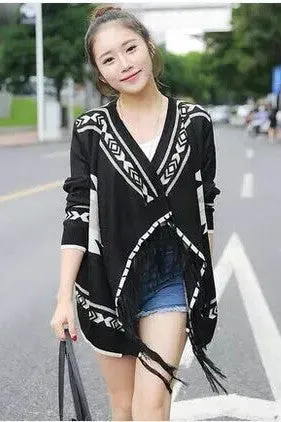 V-neck Pure Color Long Sleeves Geometry Print Cardigan