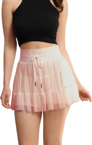 Velius Women's High Waisted Mesh Ruffle Drawstring Tennis Skirts with Shorts Pockets
