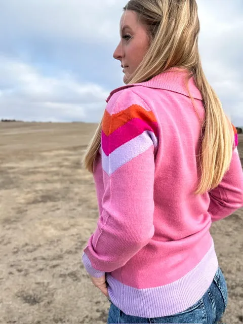 Vintage Vibes Pink Quarter Zip Sweater