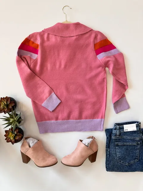 Vintage Vibes Pink Quarter Zip Sweater