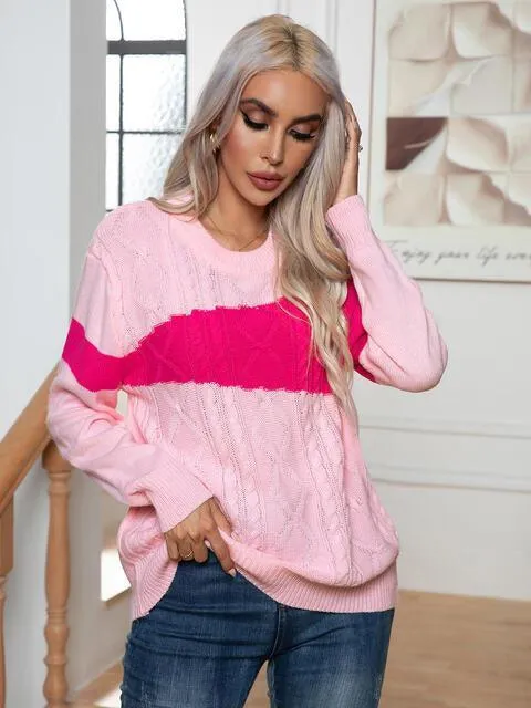 Warm Delight Color Block Cable-Knit Sweater