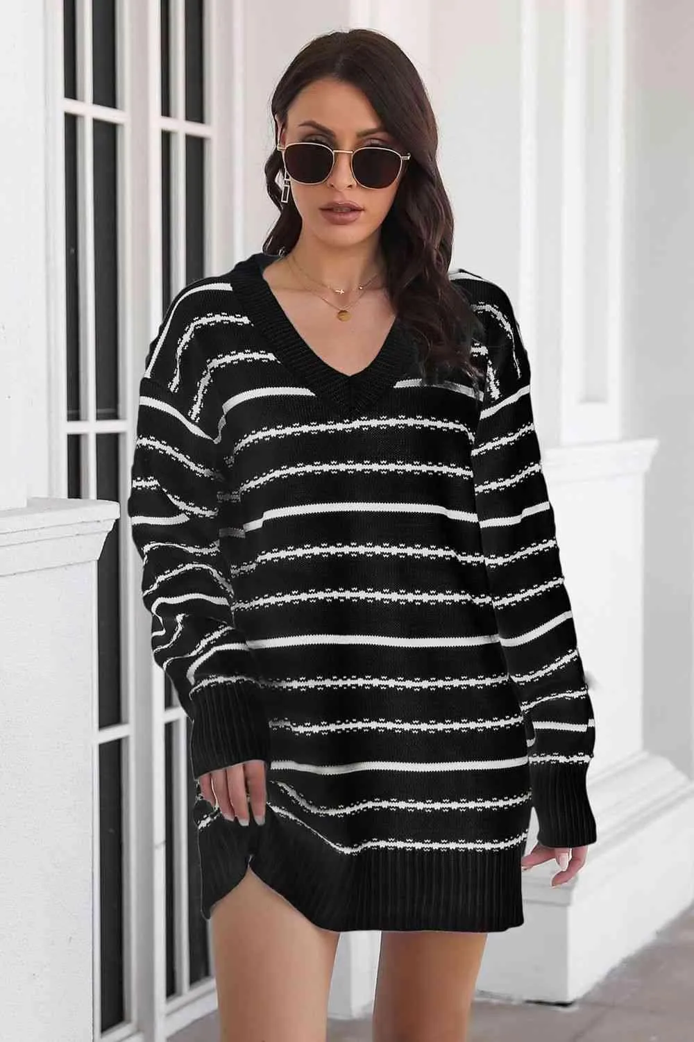 Warm Leisure V-Neck Striped Sweater Dress