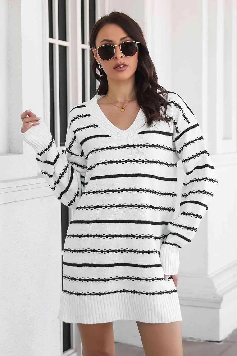 Warm Leisure V-Neck Striped Sweater Dress