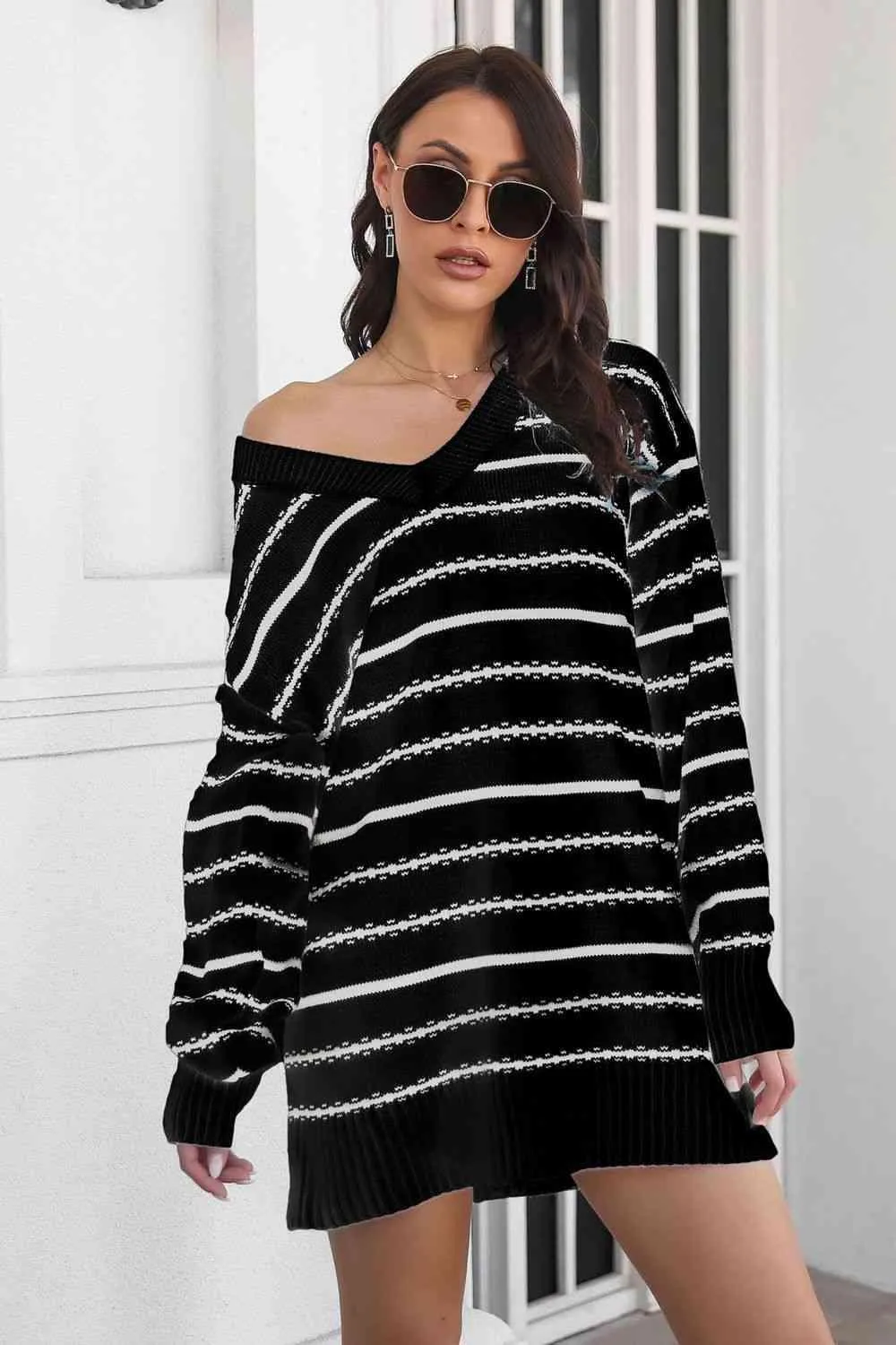 Warm Leisure V-Neck Striped Sweater Dress