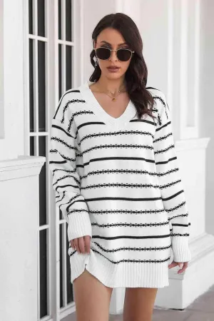 Warm Leisure V-Neck Striped Sweater Dress