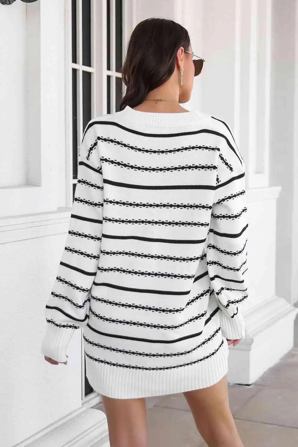 Warm Leisure V-Neck Striped Sweater Dress