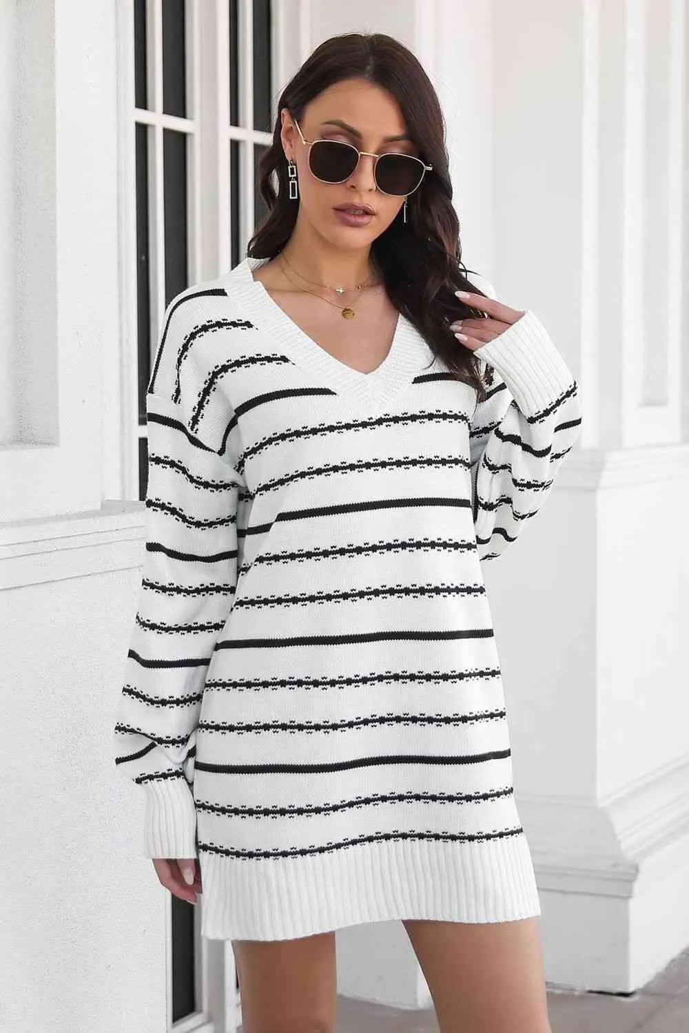 Warm Leisure V-Neck Striped Sweater Dress