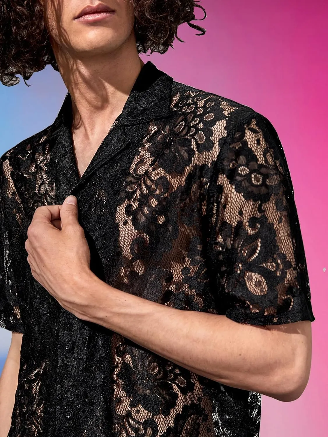 WDIRARA Men's Floral Lace Shirt Contrast Mesh Button Down Shirt Short Sleeve Blouse