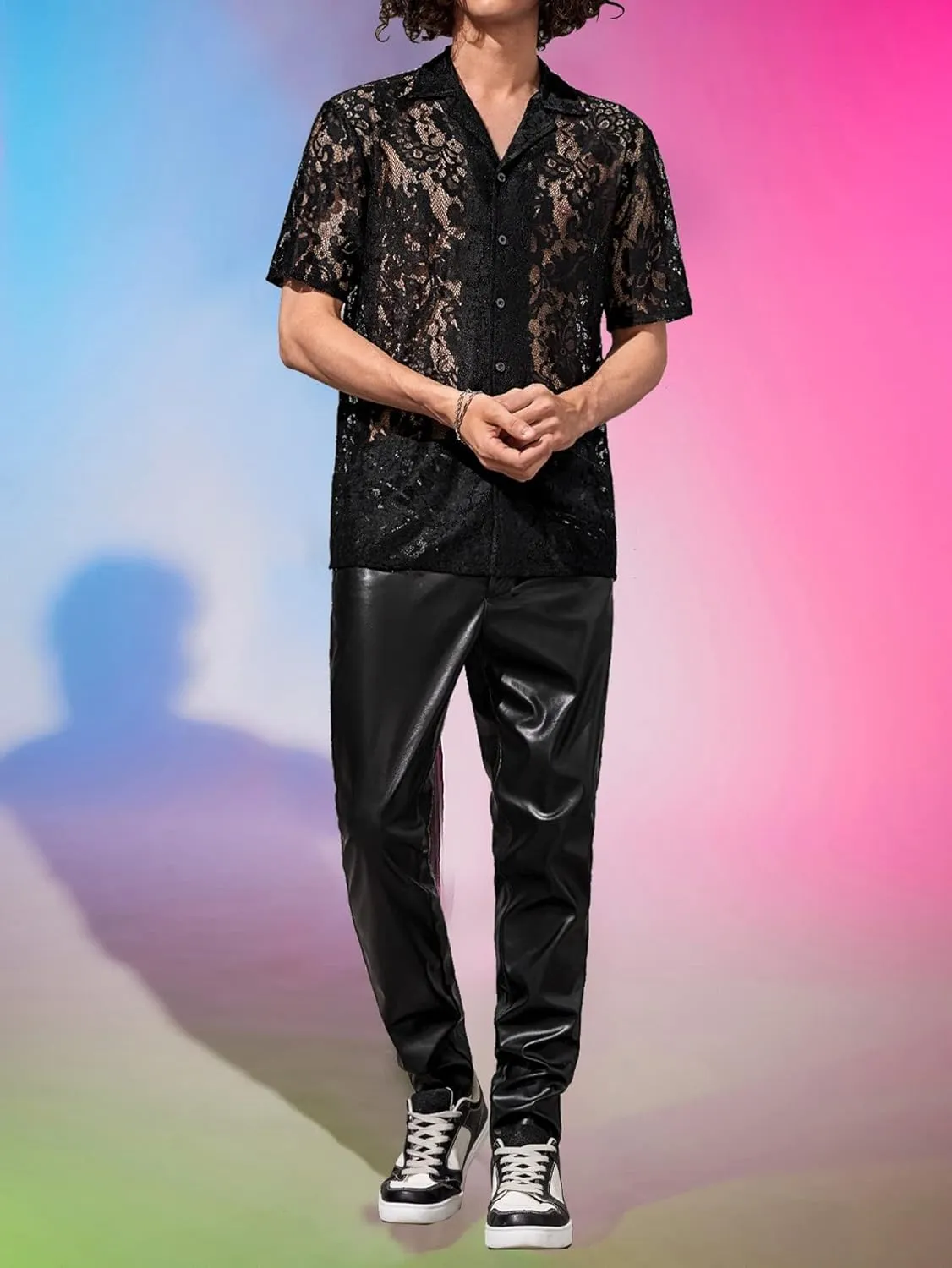 WDIRARA Men's Floral Lace Shirt Contrast Mesh Button Down Shirt Short Sleeve Blouse