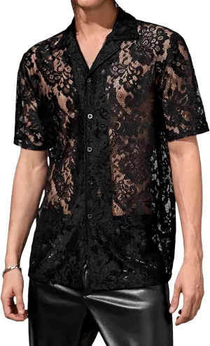 WDIRARA Men's Floral Lace Shirt Contrast Mesh Button Down Shirt Short Sleeve Blouse