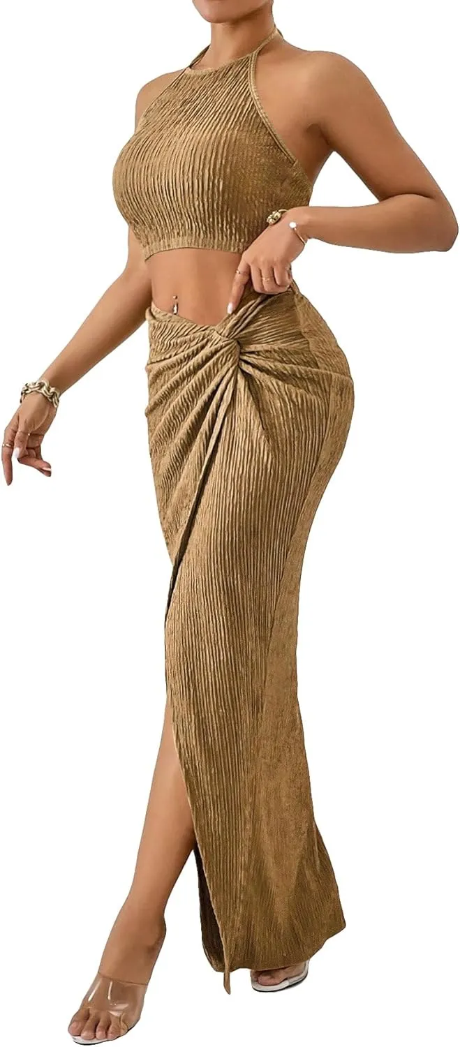 WDIRARA Women's 2 Piece Outfits Strapless Tube Top and Twist Front Split Thigh Skirt
