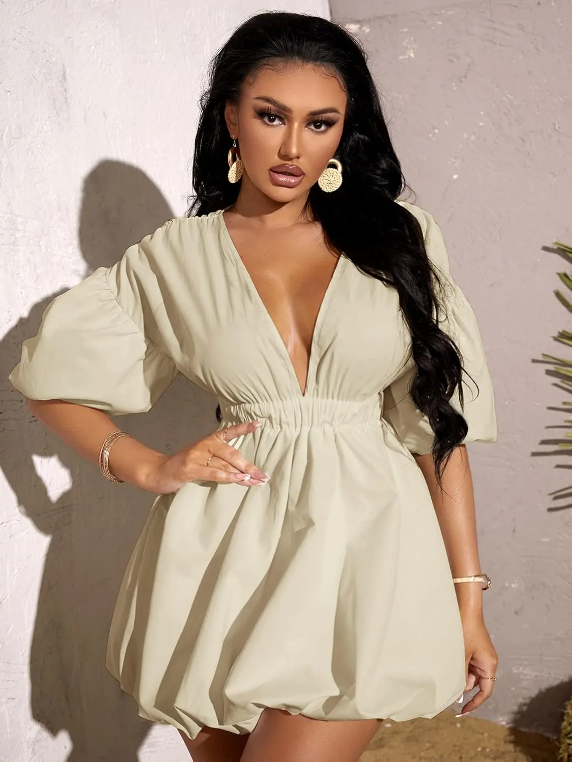 WDIRARA Women's Deep V Neck Puff Sleeve High Rise Flare Dress Elastic Waist Dress