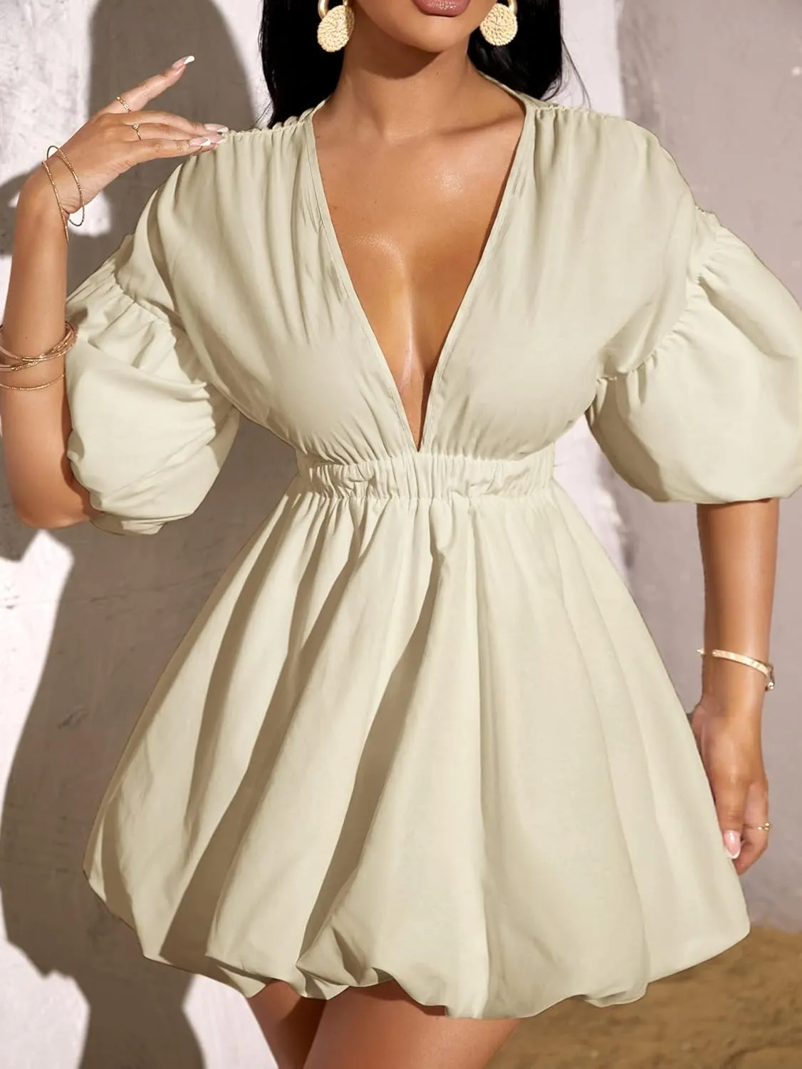 WDIRARA Women's Deep V Neck Puff Sleeve High Rise Flare Dress Elastic Waist Dress