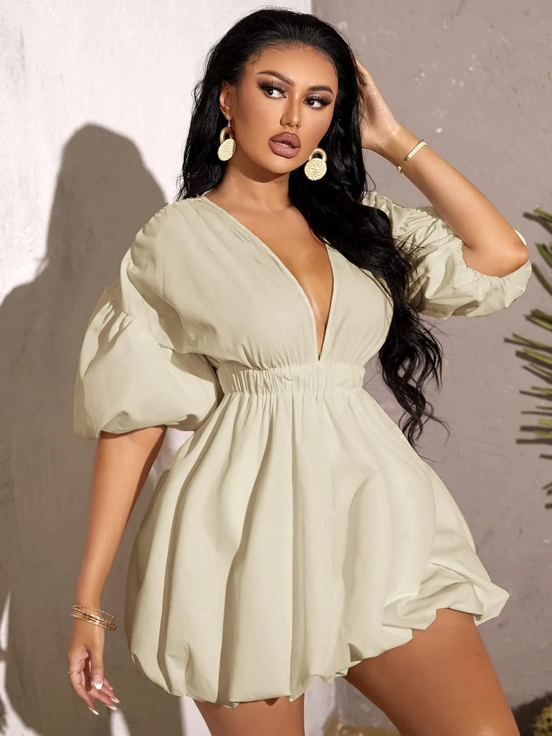 WDIRARA Women's Deep V Neck Puff Sleeve High Rise Flare Dress Elastic Waist Dress