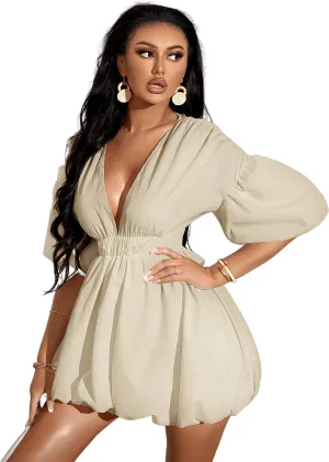 WDIRARA Women's Deep V Neck Puff Sleeve High Rise Flare Dress Elastic Waist Dress