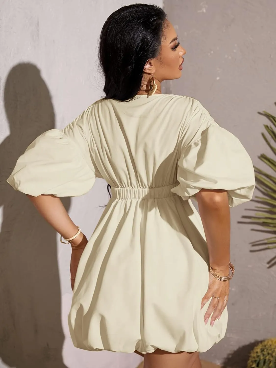 WDIRARA Women's Deep V Neck Puff Sleeve High Rise Flare Dress Elastic Waist Dress