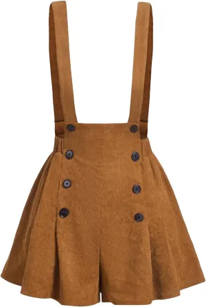 WDIRARA Women's Double Breasted Fold Pleated Skirt Solid Corduroy Pinafore Overall Skirts