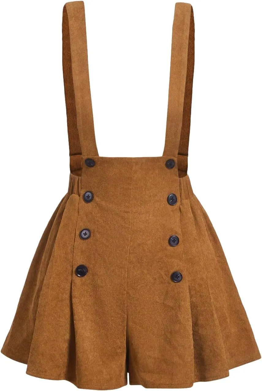 WDIRARA Women's Double Breasted Fold Pleated Skirt Solid Corduroy Pinafore Overall Skirts