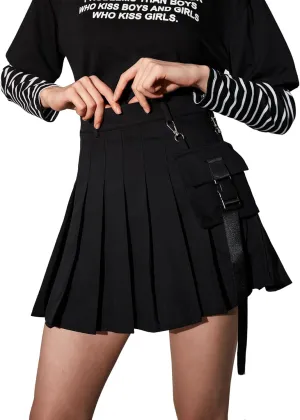 WDIRARA Women's Grunge Punk Buckle Belted High Waist Pleated Cargo Skirt Mini Skirt