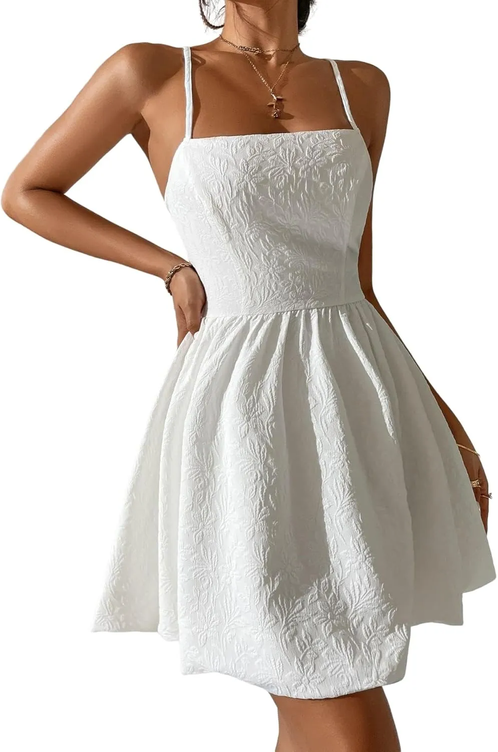 WDIRARA Women's High Waist Spaghetti Strap Jacquard Lace Up Backless Cami Mini Dress