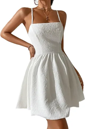 WDIRARA Women's High Waist Spaghetti Strap Jacquard Lace Up Backless Cami Mini Dress