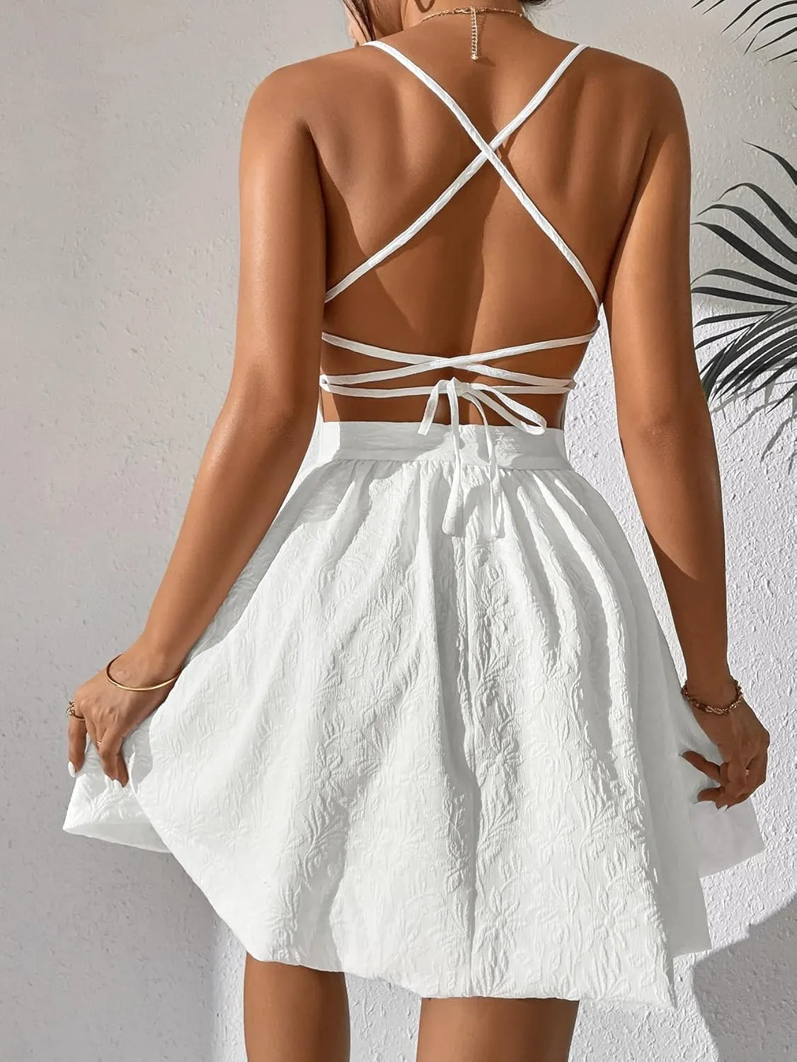 WDIRARA Women's High Waist Spaghetti Strap Jacquard Lace Up Backless Cami Mini Dress