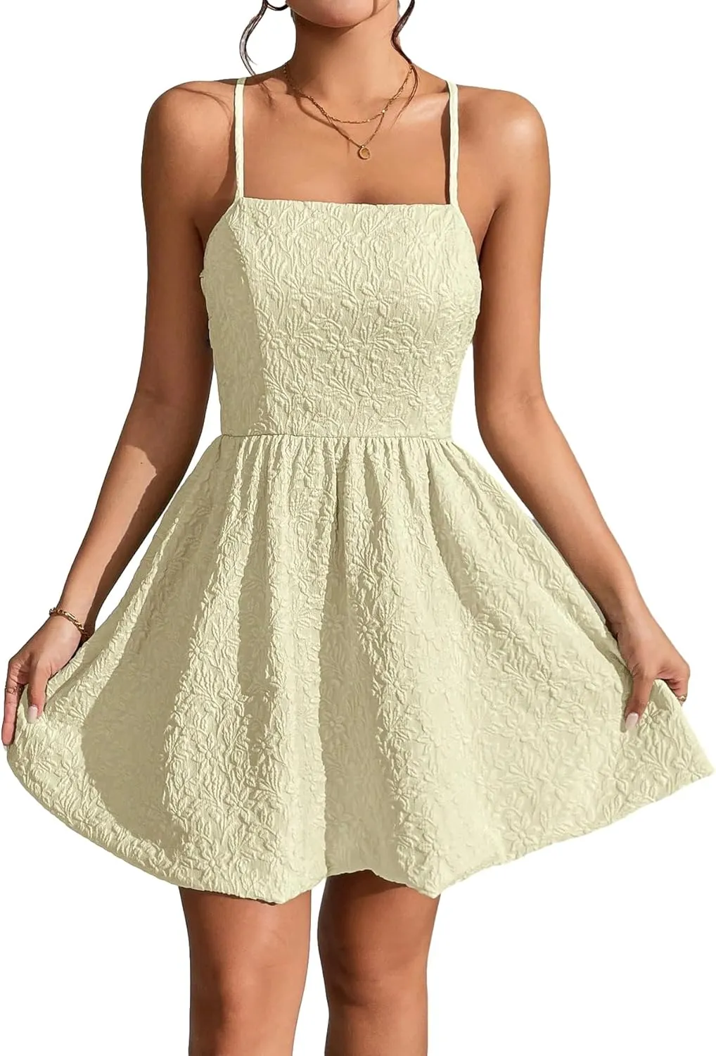 WDIRARA Women's High Waist Spaghetti Strap Jacquard Lace Up Backless Cami Mini Dress