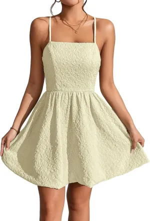 WDIRARA Women's High Waist Spaghetti Strap Jacquard Lace Up Backless Cami Mini Dress