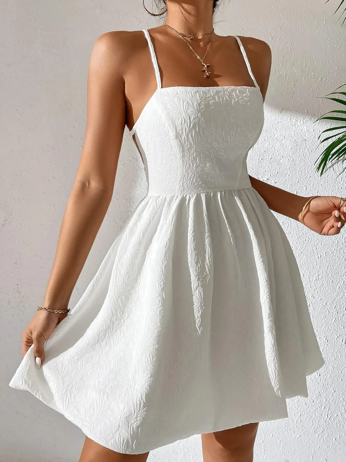 WDIRARA Women's High Waist Spaghetti Strap Jacquard Lace Up Backless Cami Mini Dress