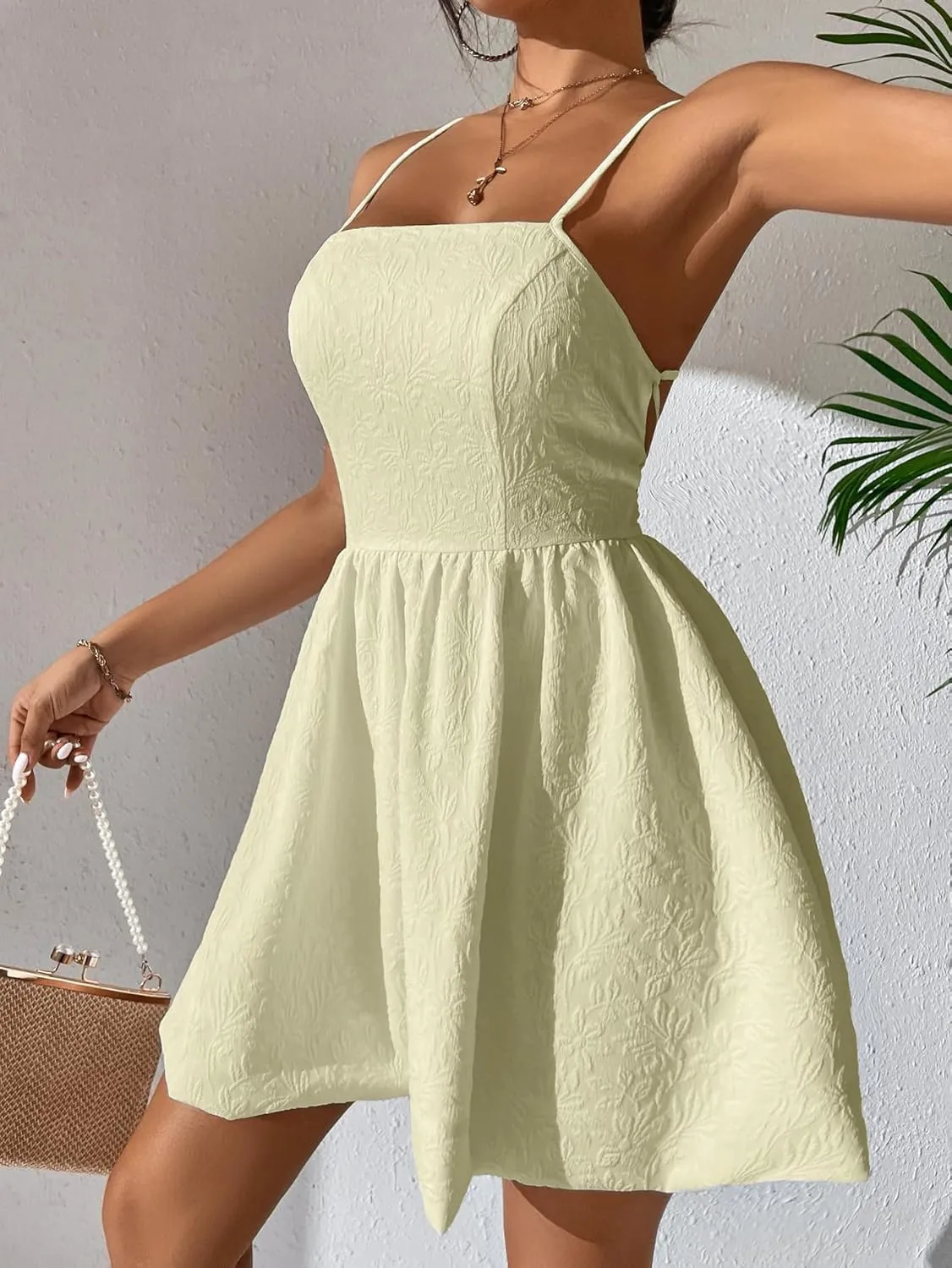 WDIRARA Women's High Waist Spaghetti Strap Jacquard Lace Up Backless Cami Mini Dress