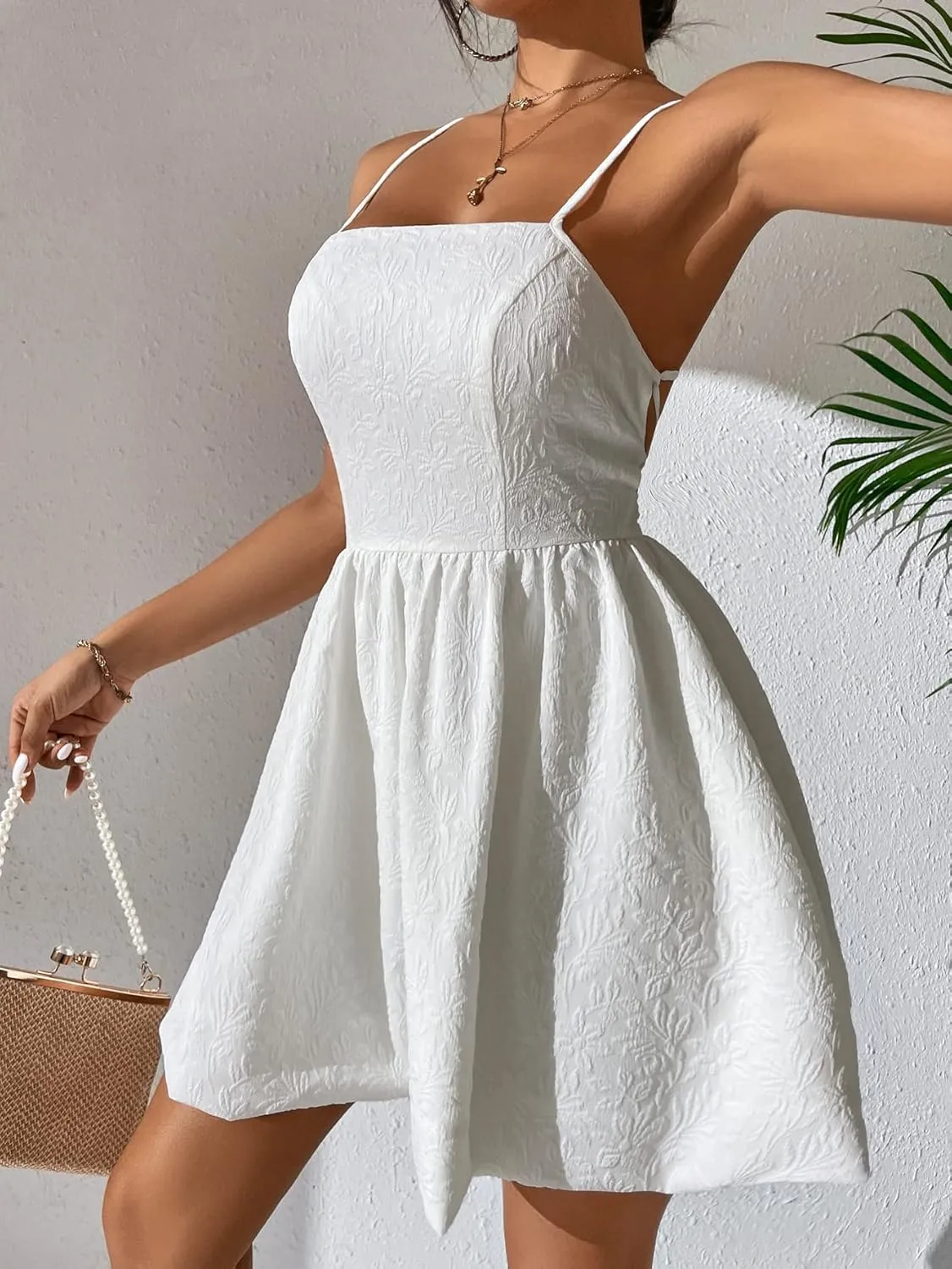 WDIRARA Women's High Waist Spaghetti Strap Jacquard Lace Up Backless Cami Mini Dress