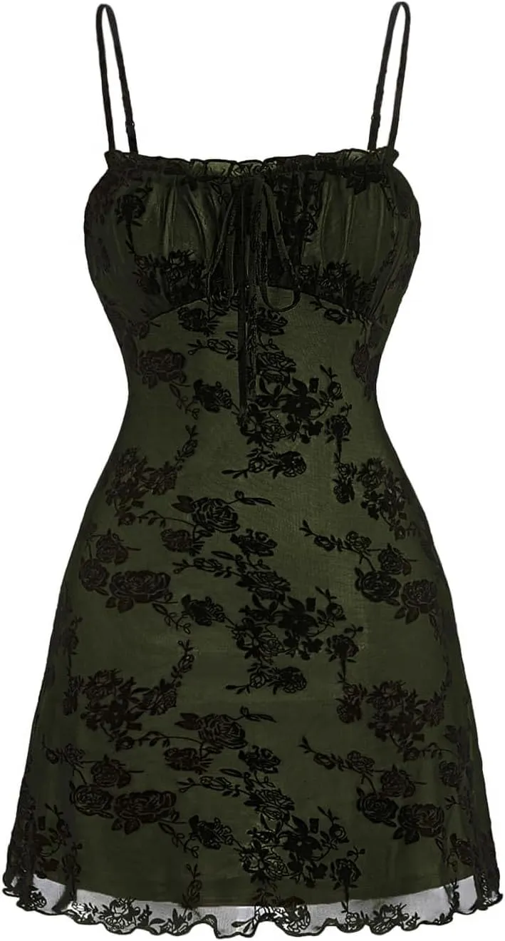 WDIRARA Women's Mesh Sheer Y2K 90s Goth Fairy A Line Mini Cami Dress