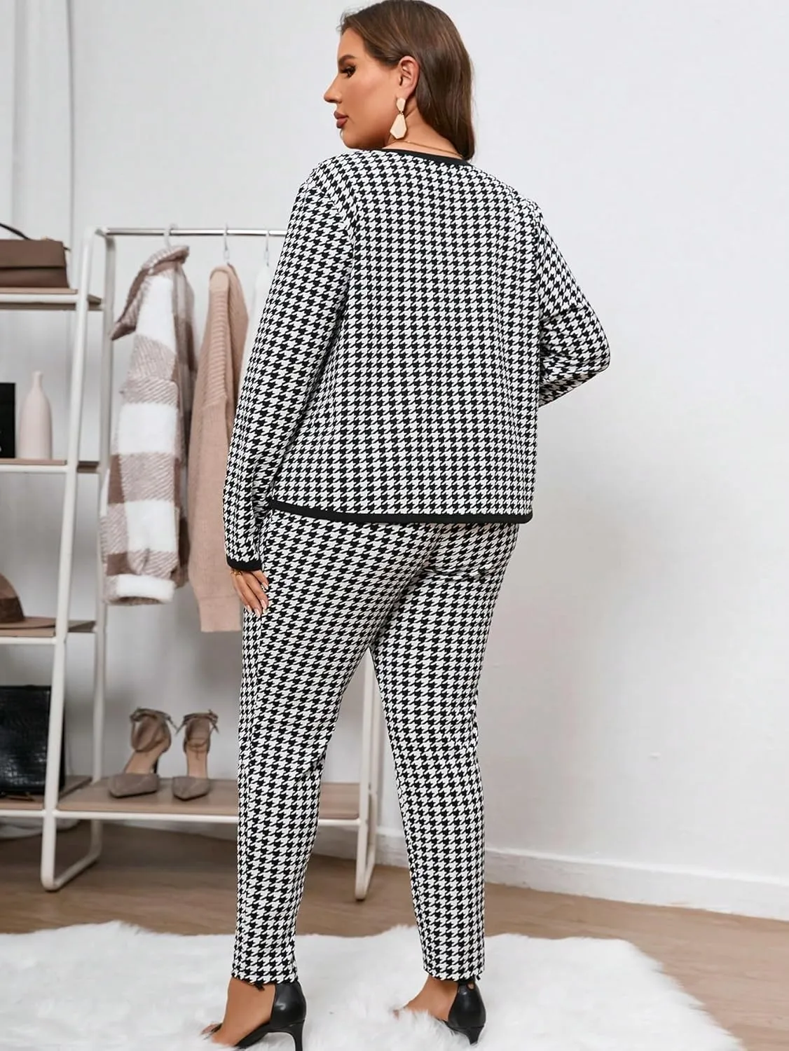 WDIRARA Women's Plus Size 2 Piece Outfits Houndstooth Open Front Jacket and Pants Business Set