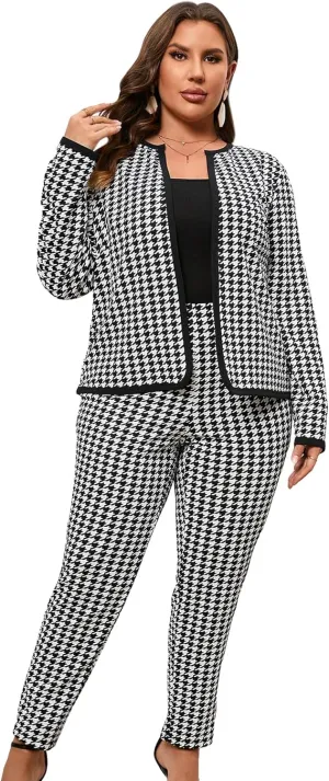 WDIRARA Women's Plus Size 2 Piece Outfits Houndstooth Open Front Jacket and Pants Business Set