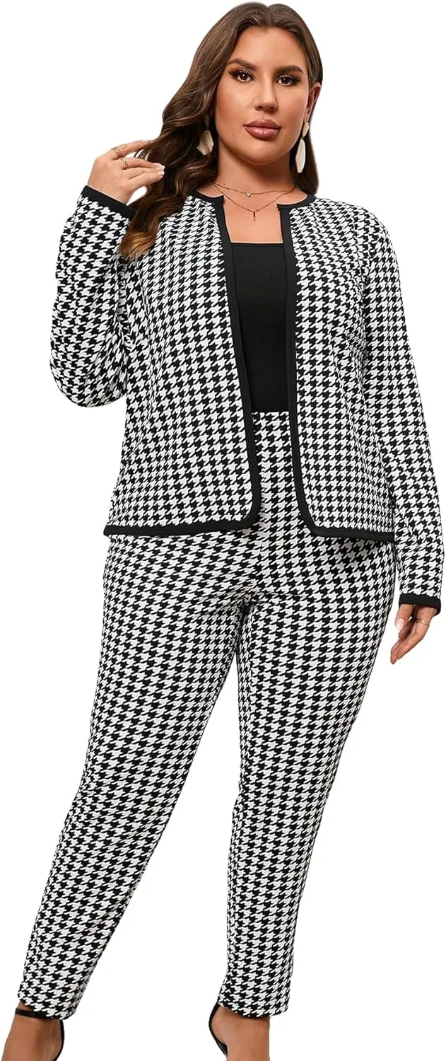 WDIRARA Women's Plus Size 2 Piece Outfits Houndstooth Open Front Jacket and Pants Business Set