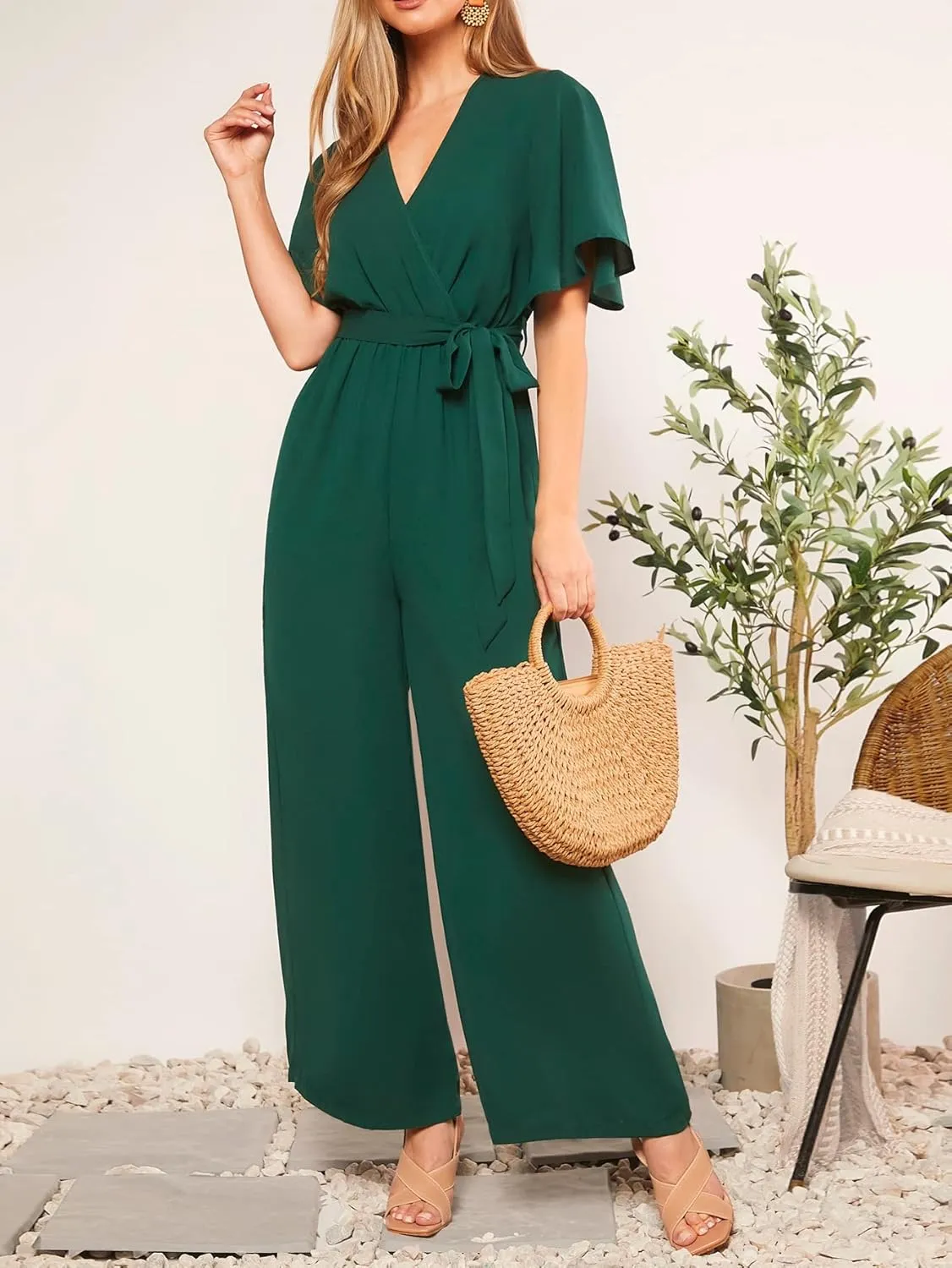 WDIRARA Women's Wide Leg Jumpsuit Wrap V Neck Butterfly Short Sleeve Tie Knot Front Elegant Jumpsuits Romper