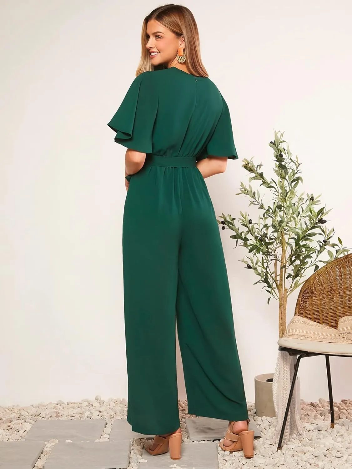 WDIRARA Women's Wide Leg Jumpsuit Wrap V Neck Butterfly Short Sleeve Tie Knot Front Elegant Jumpsuits Romper